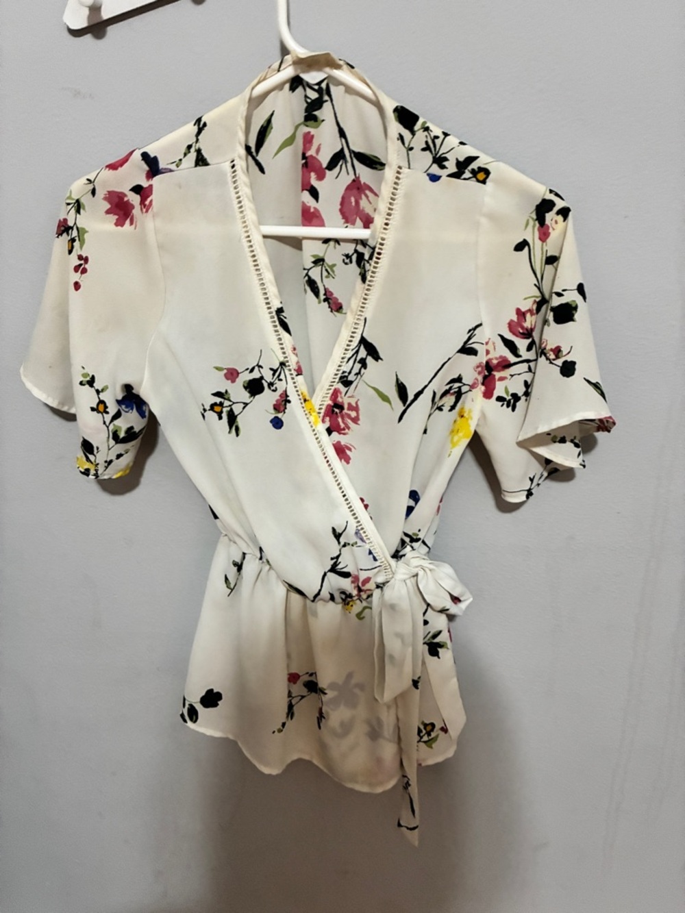 Sienna Sky Cream Floral Wrap Blouse with Pink, Yellow & Blue Flowers